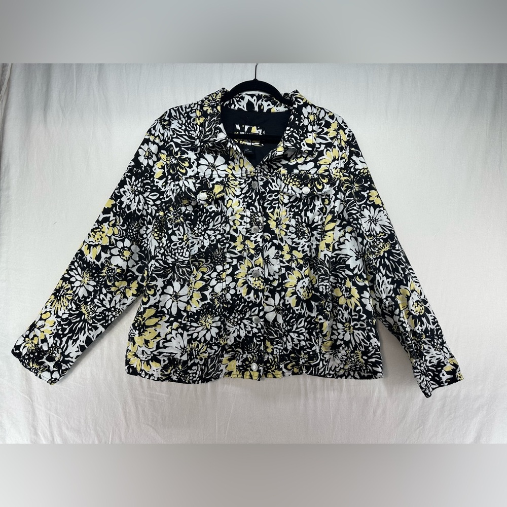 Carole Little Floral Print 100% Linen Lightweight Yellow Black Jacket Size 2X‎